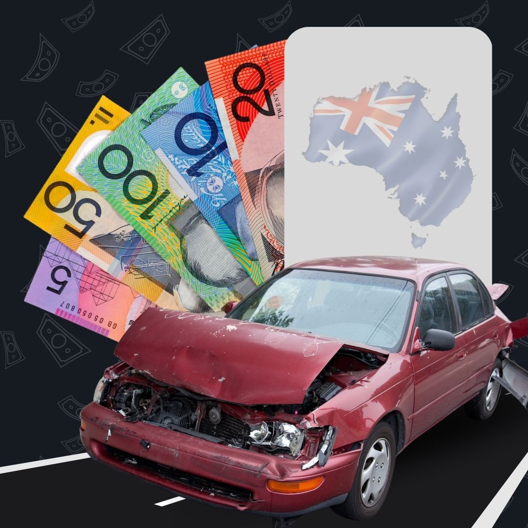 australian dollars with red color wrecked car and Australian flag in background